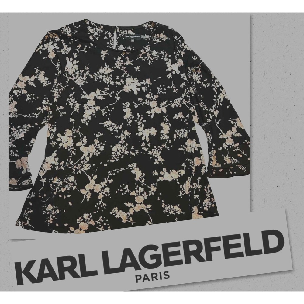 Karl Lagerfeld Paris - Women's Size XL Black - Floral - Bell Long Sleeve Blouse